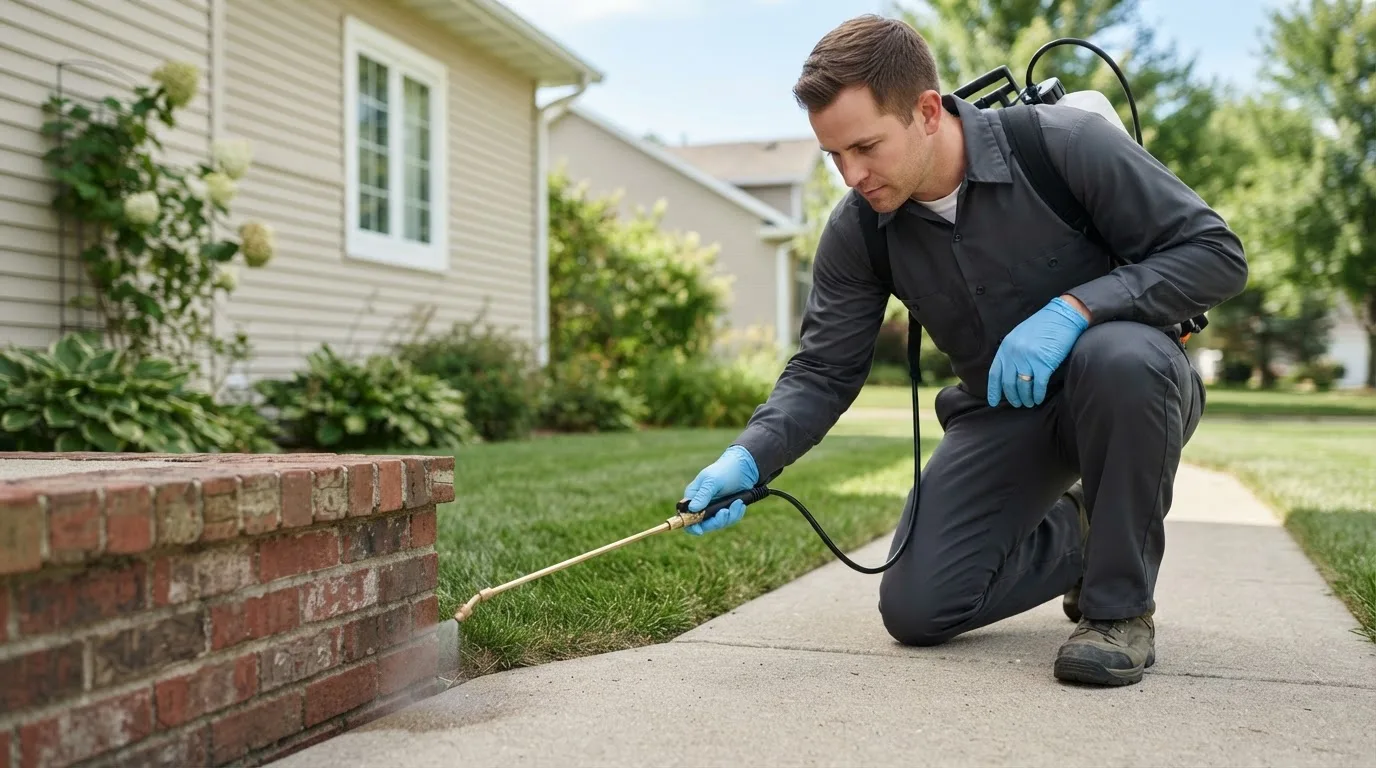 Pest control technician treating a home near Amsterdam, MO