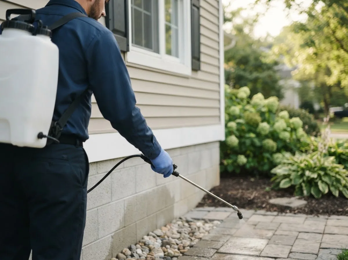 Pest control technician inspecting a home in Amsterdam, MO